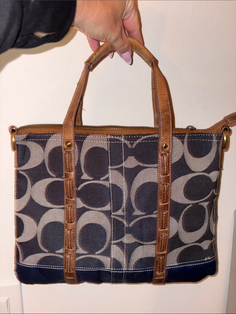 Coach Canvas Tote with Navy Signature 'C' and Brown Leather Trim